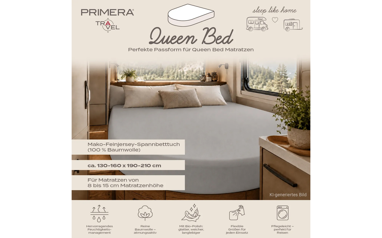 Interieurfoto van een camperbed met grijs hoeslaken, drie kussens, ramen met boszicht, een plant op een houten bijzettafeltje en overgelegde producttekst en logo's