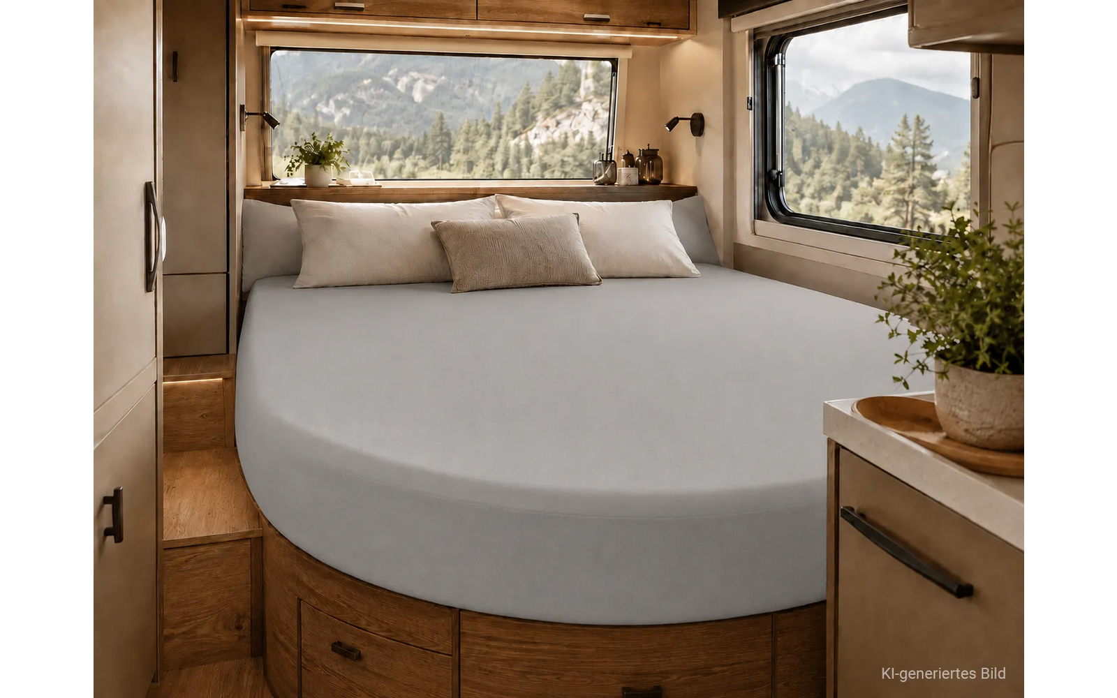 Interieur met rond bed, drie kussens, houten kasten, twee ramen met uitzicht op beboste bergen en een kleine potplant op een bijzettafel