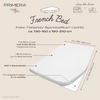 Grafiek met de tekst 'PRIMERA TRAVEL' en 'French Bed', illustratie van een matras met pijlen en labels: 'ca. 130–160 x 190–210 cm', 'voor matrassen van 8 tot 15 cm', 'met rondom elastiek', '100% katoen', 'met afgeschuinde hoek rechts'