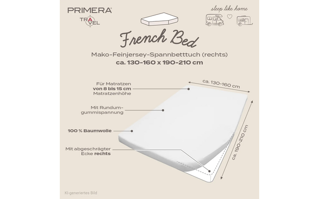 Grafiek met de tekst 'PRIMERA TRAVEL' en 'French Bed', illustratie van een matras met pijlen en labels: 'ca. 130–160 x 190–210 cm', 'voor matrassen van 8 tot 15 cm', 'met rondom elastiek', '100% katoen', 'met afgeschuinde hoek rechts'