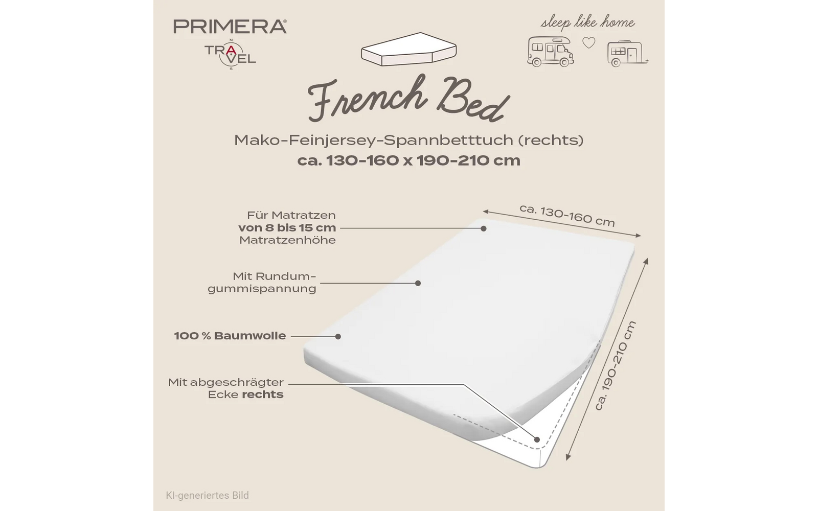 Grafiek met de tekst 'PRIMERA TRAVEL' en 'French Bed', illustratie van een matras met pijlen en labels: 'ca. 130–160 x 190–210 cm', 'voor matrassen van 8 tot 15 cm', 'met rondom elastiek', '100% katoen', 'met afgeschuinde hoek rechts'