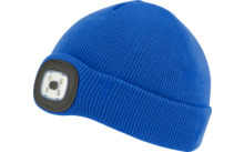Blaue Strickmütze mit integriertem LED-Licht vorne