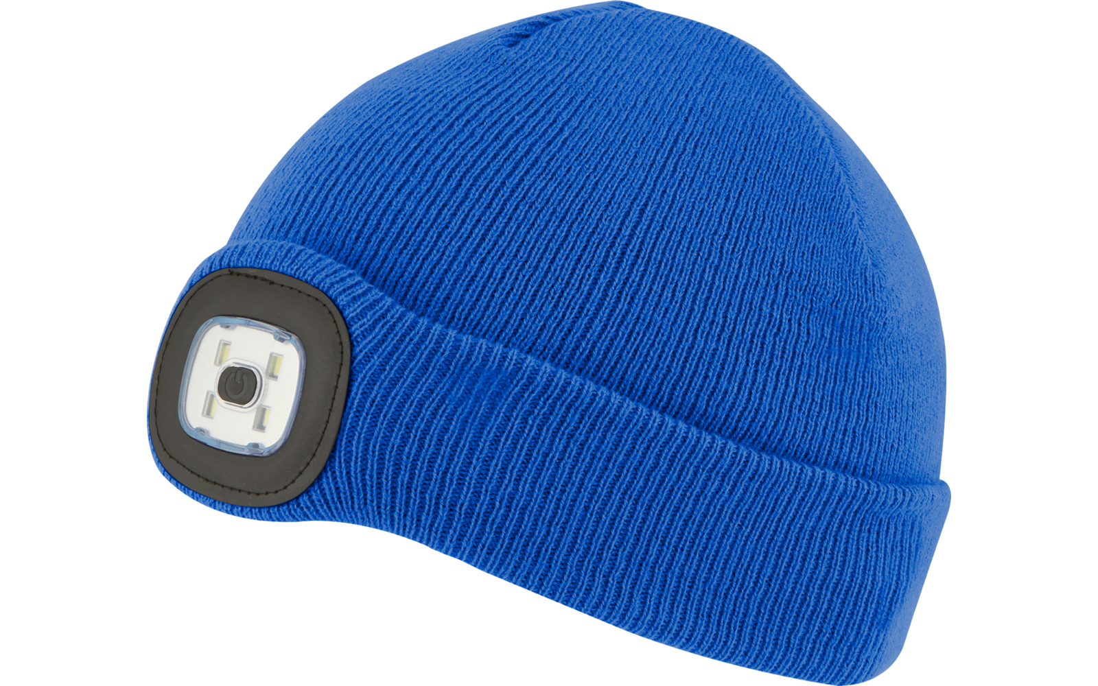 Blaue Strickmütze mit integriertem LED-Licht vorne