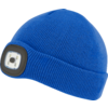 Blaue Strickmütze mit integriertem LED-Licht vorne