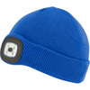 Blaue Strickmütze mit integriertem LED-Licht vorne