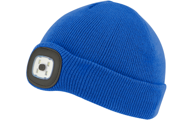 Blaue Strickmütze mit integriertem LED-Licht vorne