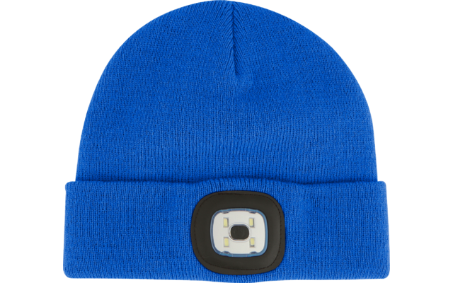 Blaue Mütze mit einer eingearbeiteten Stirnlampe