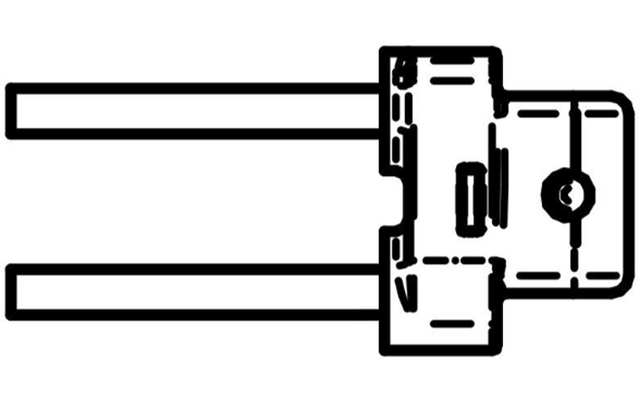 Schwarz-weiße Strichzeichnung eines rechteckigen Bauteils mit zwei parallelen horizontalen Flachkontakten, Gehäuse mit Linien und runder Öffnung
