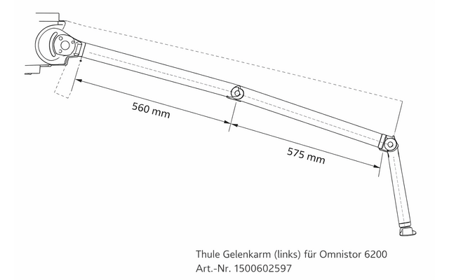 Schwarz-weiße technische Zeichnung eines Gelenkarms mit zwei Segmenten, Maßangaben '560 mm' und '575 mm', sichtbare Montagepunkte; Beschriftung 'Thule Gelenkarm (links) für Omnistor 6200 Art.-Nr. 1500602597'