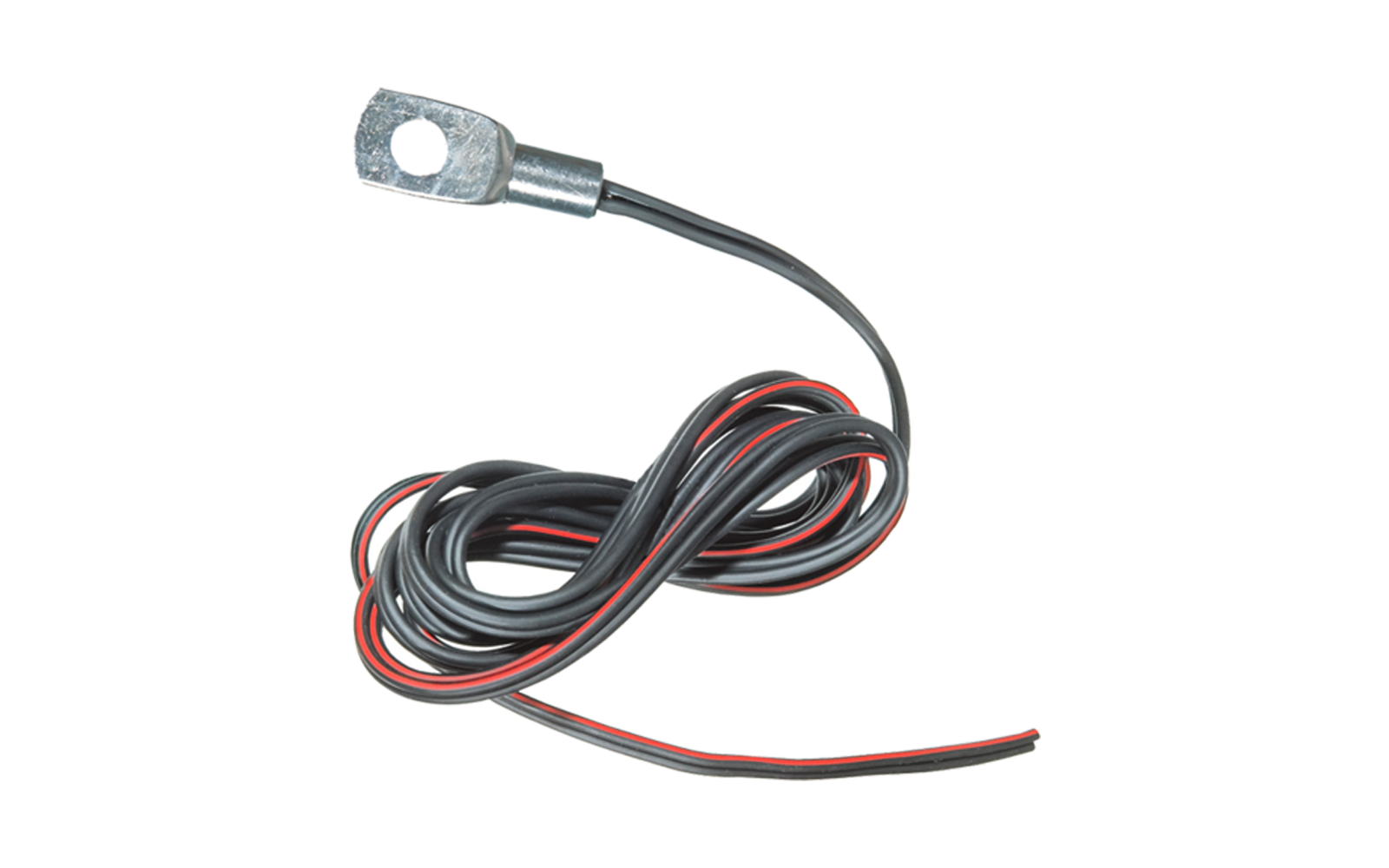 Zwart en rood kabel met een metalen ringklem aan één uiteinde