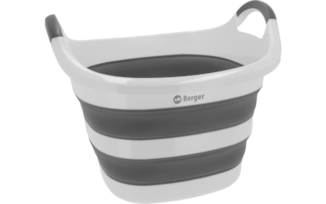 Rosa-grauer, faltbarer Kunststoffkorb mit Griffen und Schriftzug 'Berger' auf der Vorderseite