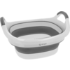 Zusammengeklapptes faltbares Kunststoff-Waschbecken in Weiß und Grau mit Griffen und sichtbarem Markenlogo