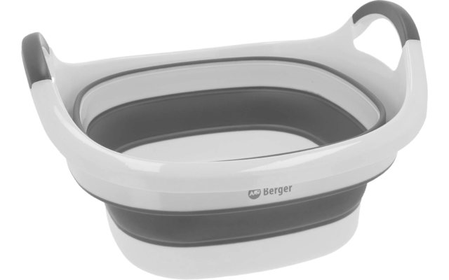 Zusammengeklapptes faltbares Kunststoff-Waschbecken in Weiß und Grau mit Griffen und sichtbarem Markenlogo