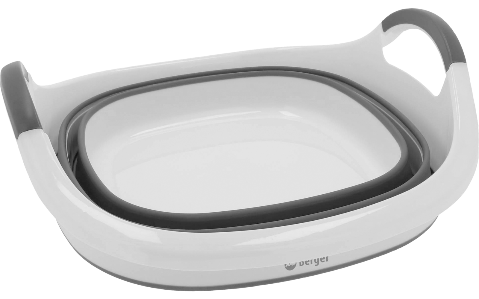 Faltbare, rechteckig-abgerundete Kunststoffschüssel mit Griffen, weiße Innenfläche, hellrosa Außenseite, dunkelgrauer Rand, Logo "beurer" vorne