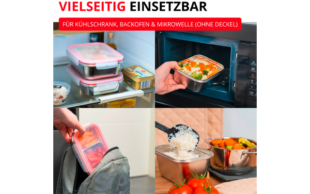 Collage en quatre parties : boîtes rectangulaires empilées en acier inoxydable avec couvercles roses dans un réfrigérateur ; main plaçant une boîte sans couvercle dans un micro-ondes ; main mettant une boîte avec couvercle rose dans un sac à dos ; main prélevant du riz d'une boîte, avec des tomates et un bol de légumes à côté