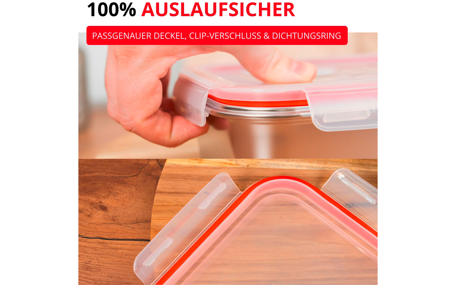 Main fermant un contenant rectangulaire en plastique transparent avec joint d'étanchéité rouge et couvercle à clip; en haut le texte '100% AUSLAUFSICHER' et une bande rouge avec texte blanc