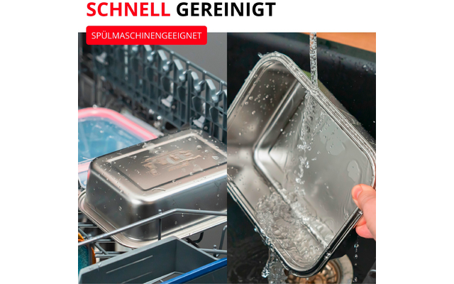 Image en deux parties : à gauche un contenant en acier inoxydable dans un lave-vaisselle ouvert, à droite une main tient un contenant en acier inoxydable sous de l'eau courante dans un évier. En haut le texte 'SCHNELL GEREINIGT' et une étiquette rouge 'SPÜLMASCHINENGEEIGNET'