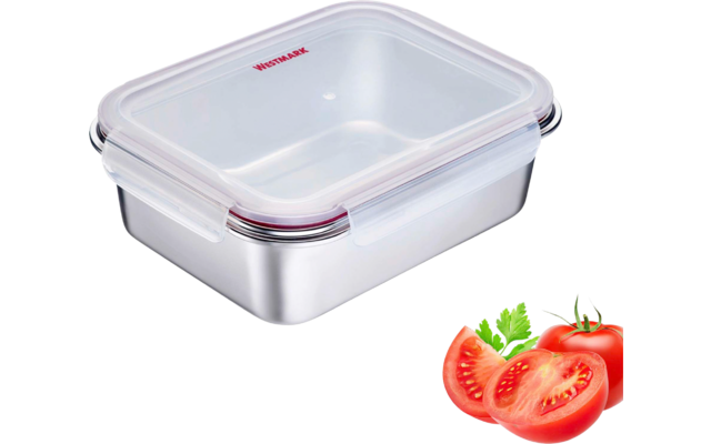 Boîte rectangulaire en acier inoxydable avec couvercle plastique transparent, joint rouge et fermetures à clips ; à côté tomates entières et tranchées avec tiges vertes et feuilles