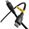 Zwarte USB-kabel met USB-C-connector en gele sticker met tekst
