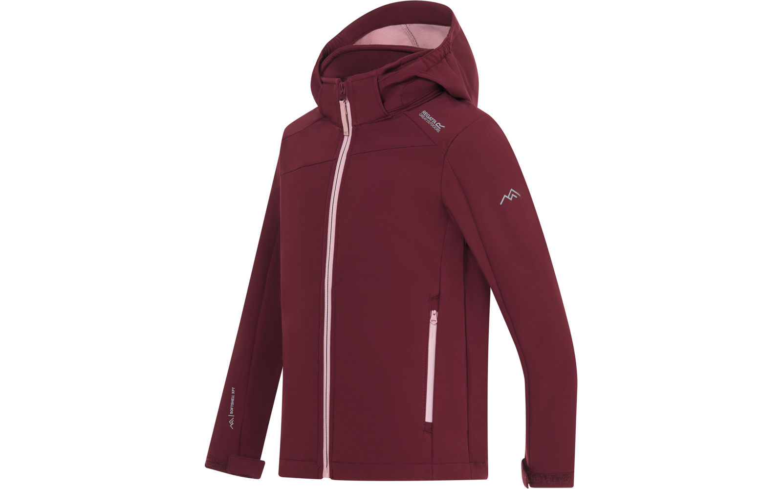 Bordeauxrote Softshell-Jacke mit Kapuze, hellrosa Frontreißverschluss, zwei seitliche Reißverschlusstaschen, Klettmanschetten und weißen Logos auf Brust und Ärmel