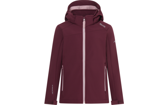 Bordeauxrote Kapuzenjacke mit zentralem Reißverschluss, zwei Reißverschlusstaschen, heller Reißverschluss- und Kapuzeninnenbesatz, langen Ärmeln und kleinen Logos auf Brust und Ärmel