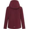 Rückansicht einer bordeauxfarbenen Kapuzenjacke mit langen Ärmeln und kleinem reflektierendem Logo am Saum
