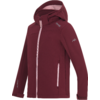 Bordeauxrote Softshell-Jacke mit Kapuze, hellrosa Frontreißverschluss, zwei seitliche Reißverschlusstaschen, Klettmanschetten und weißen Logos auf Brust und Ärmel