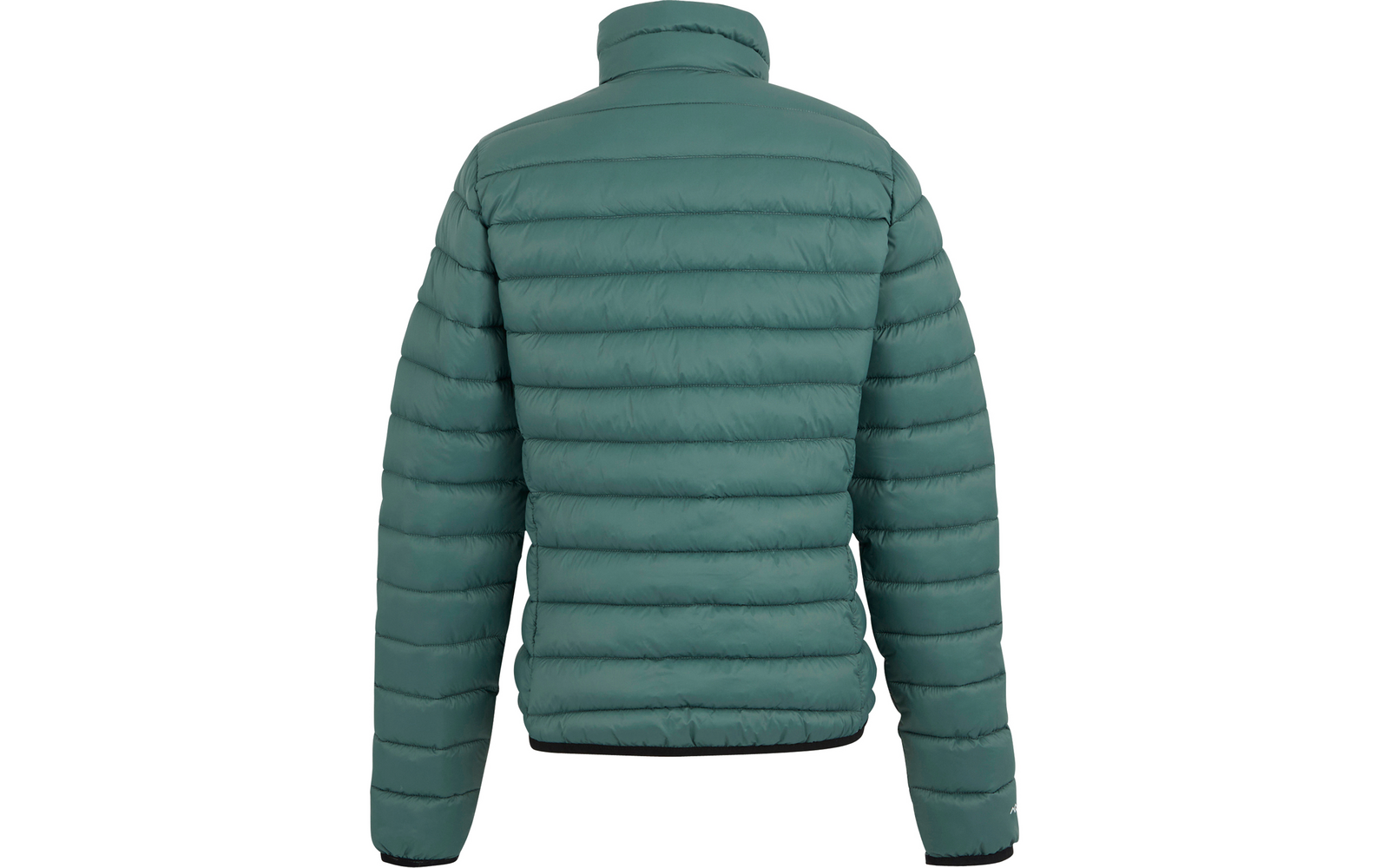Rückenansicht einer grünen, gesteppte Jacke mit Stehkragen