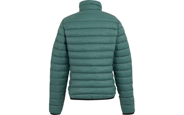 Rückenansicht einer grünen, gesteppte Jacke mit Stehkragen