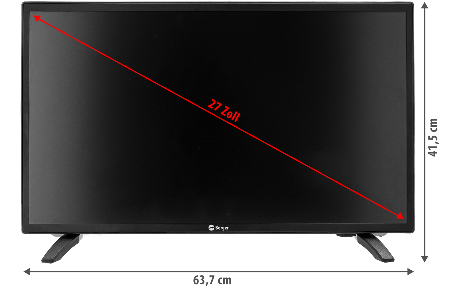 Écran rectangulaire noir avec cadre et deux pieds en V ; ligne diagonale rouge sur l’affichage libellée "27.2 zoll" ; flèches de mesure grises à droite et en bas avec chiffres