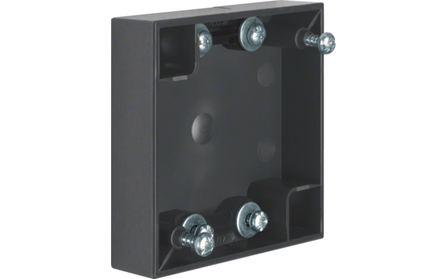 Schwarze quadratische Gehäusebox mit sechs Schrauben