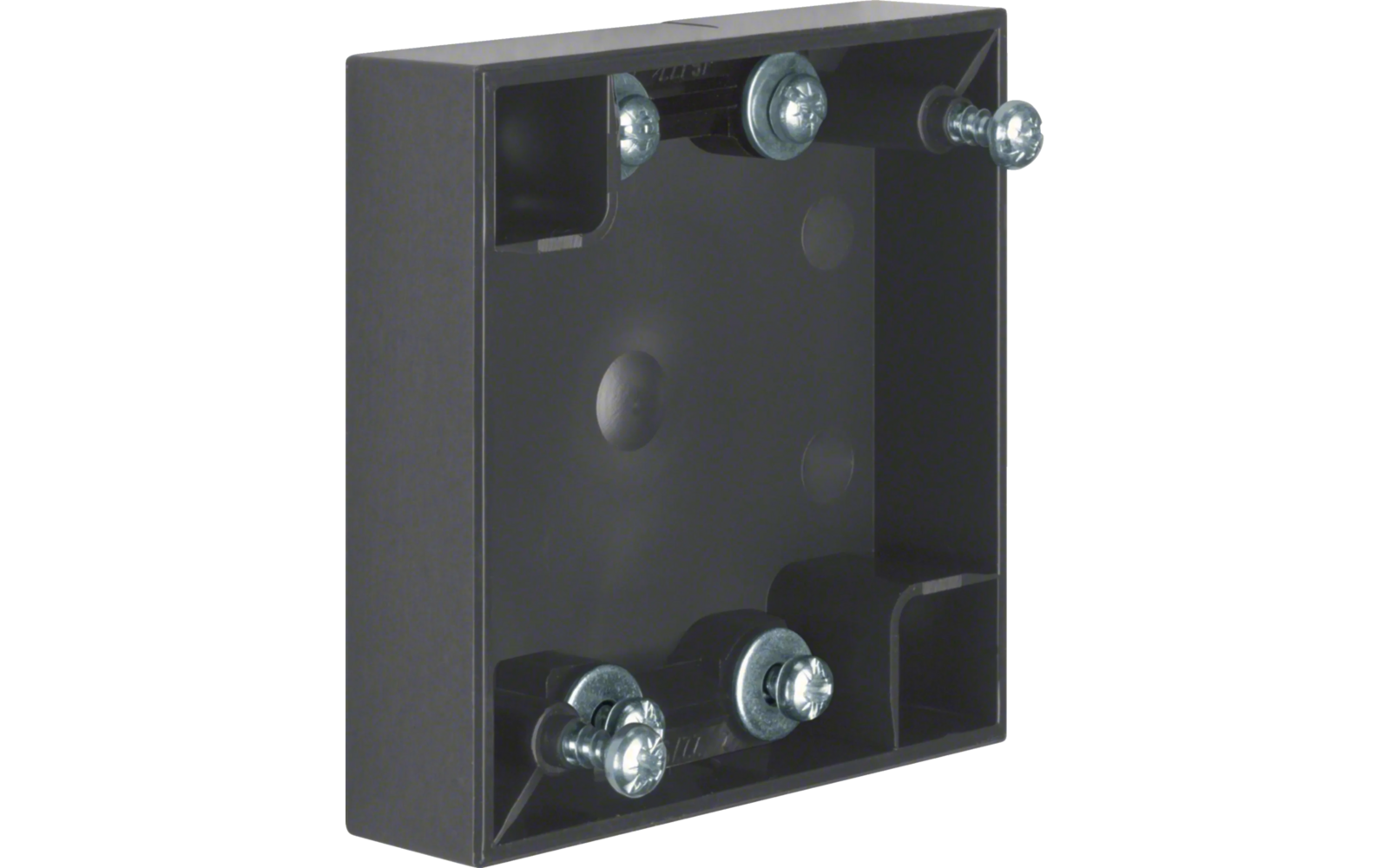 Schwarze quadratische Gehäusebox mit sechs Schrauben