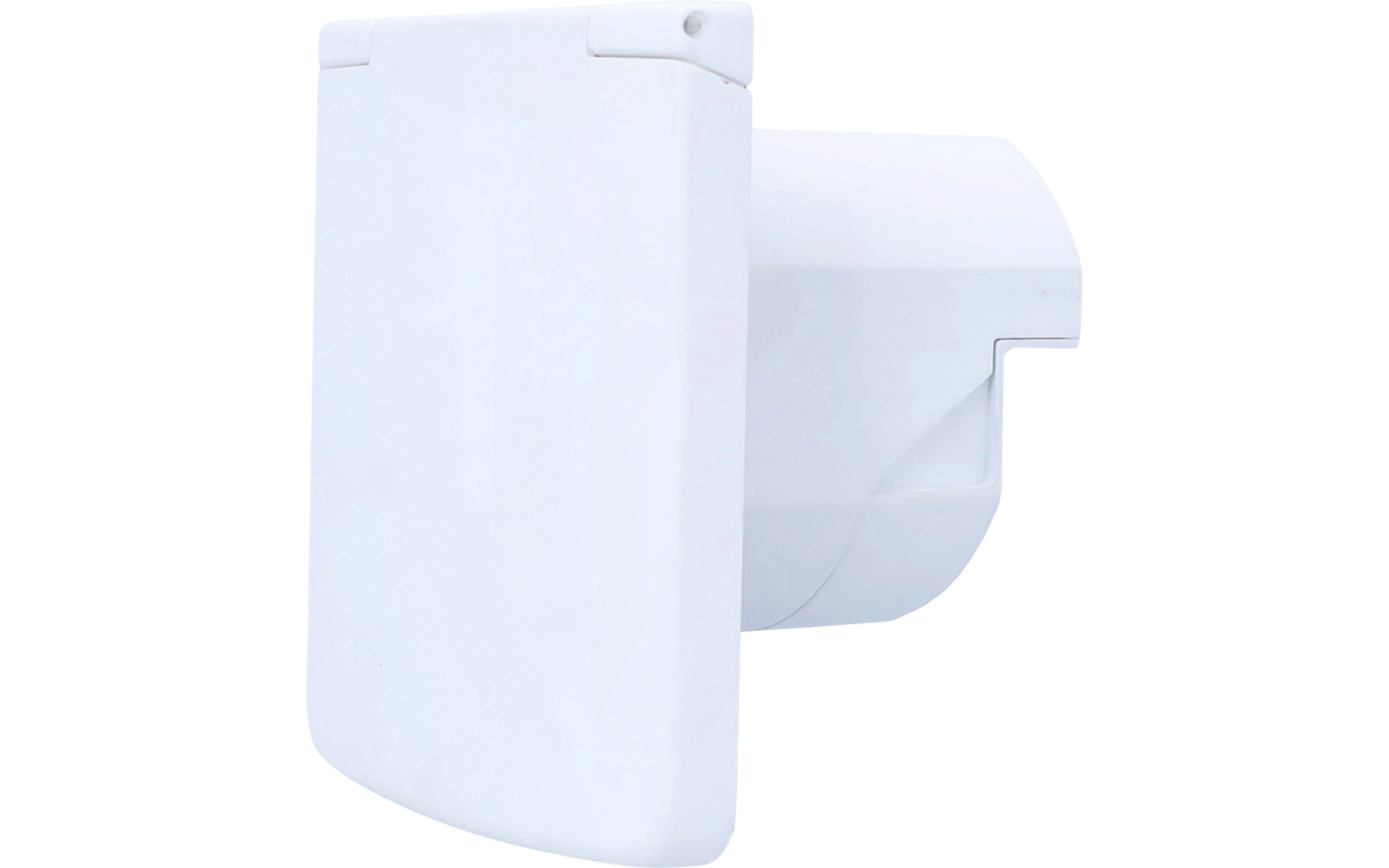 Weißes Kunststoffgehäuse mit rechteckiger Frontklappe, zylindrischem Rückenteil und sichtbarer Schraube oben rechts