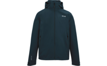 Veste à capuche bleu foncé avec fermeture éclair sur toute la longueur, deux poches latérales zippées, logo blanc sur la poitrine gauche et petit texte blanc sur la manche gauche