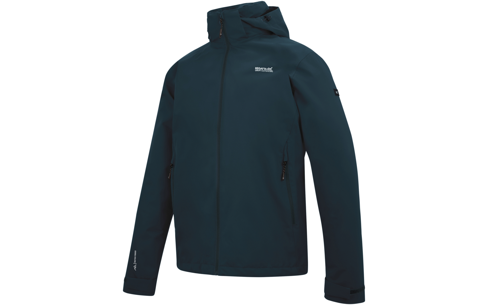 Dunkelblaue Kapuzenjacke mit durchgehendem Reißverschluss, zwei schrägen Reißverschlusstaschen vorne, weißes Logo auf der linken Brust und Klettverschlüsse an den Ärmelenden