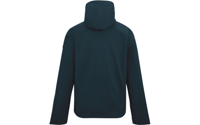 Rückansicht einer dunkelblauen Jacke mit Kapuze vor weißem Hintergrund