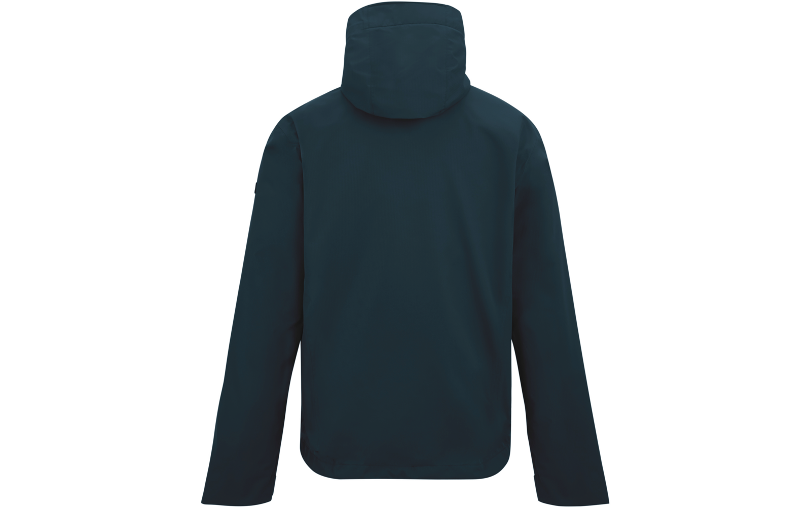 Rückansicht einer dunkelblauen Jacke mit Kapuze vor weißem Hintergrund