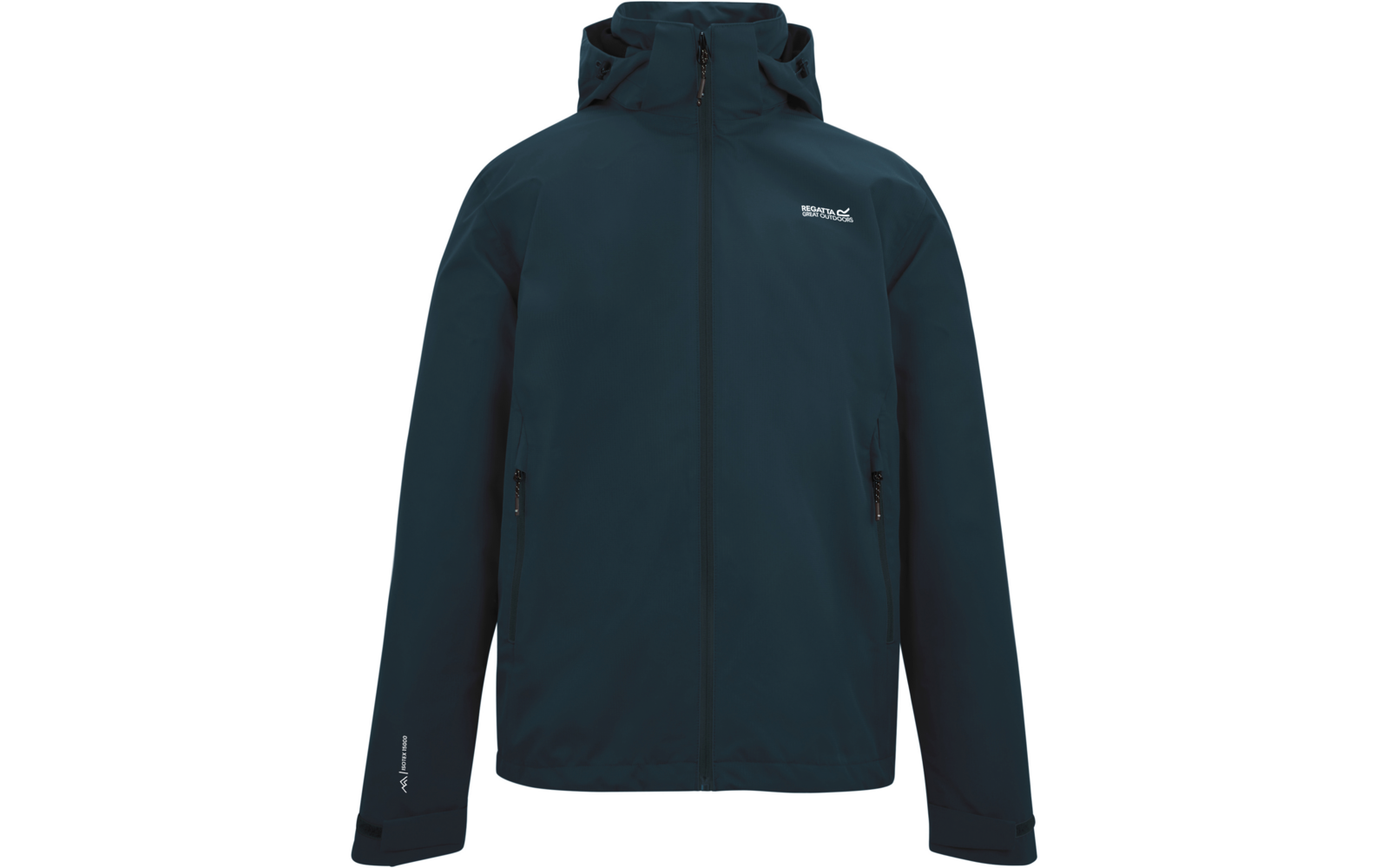 Dunkelblaue Kapuzenjacke mit durchgehendem Reißverschluss, zwei seitlichen Reißverschlusstaschen, weißes Logo auf linker Brust und kleine weiße Schrift auf linkem Ärmel