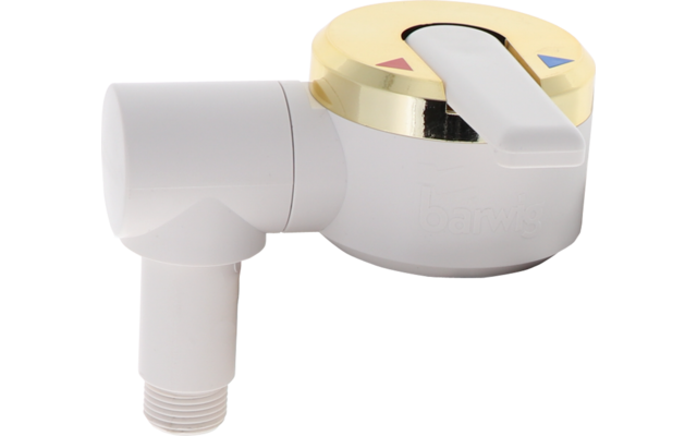 Weißer Kunststoff-Aufsatz für Wasserhahn mit kurzem Hebel, goldfarbenem Rand, roten und blauen Dreiecksmarkierungen und Gewindeanschluss