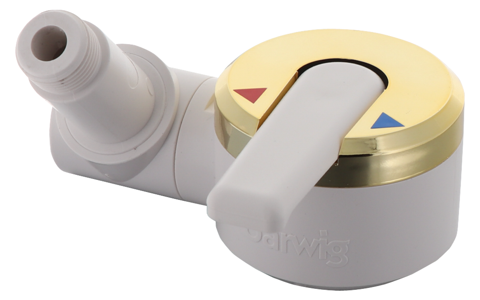 Weißer Kunststoff-Wasserhahnaufsatz mit rundem Gehäuse, goldfarbenem Ring, seitlicher Anschlussdüse und Hebel mit blauem und rotem Dreieck