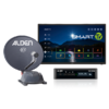 Satellite dish labeled "ALDEN @", smart TV showing a "SMART TV" home screen, and two receiver units with "ALDEN" logos