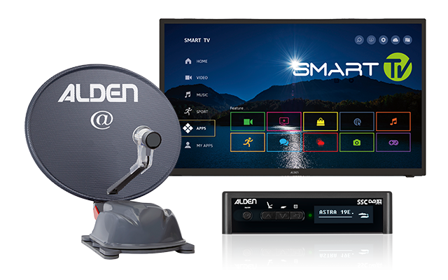 Satellite dish labeled "ALDEN @", smart TV showing a "SMART TV" home screen, and two receiver units with "ALDEN" logos