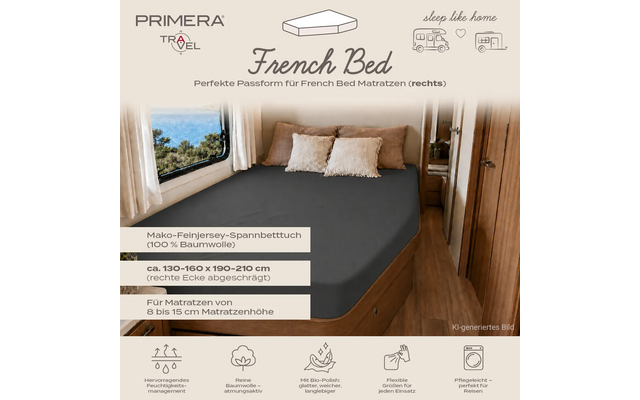 Slaapruimte in camper met rechts French-bedmatras, donkergrijs hoeslaken, twee lichte kussens, raam met zeezicht, houtafwerking; zichtbare tekst 'PRIMERA TRAVEL', 'French Bed'