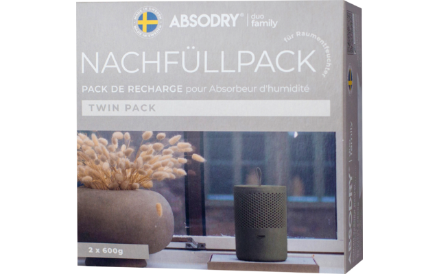 Pack de recharge pour déshumidificateur avec texte et image d’un déshumidificateur à côté d’une fleur