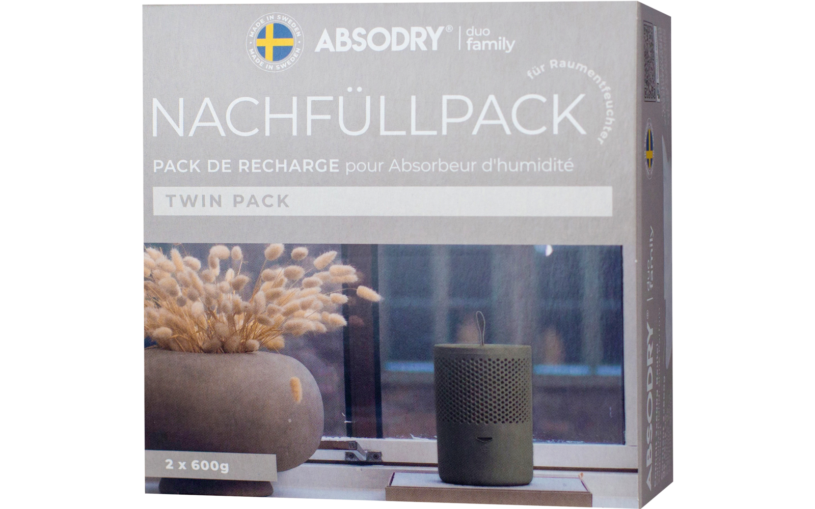 Nachfüllpack für Luftentfeuchter mit Text und einem Bild von einem Luftentfeuchter neben einer Blume