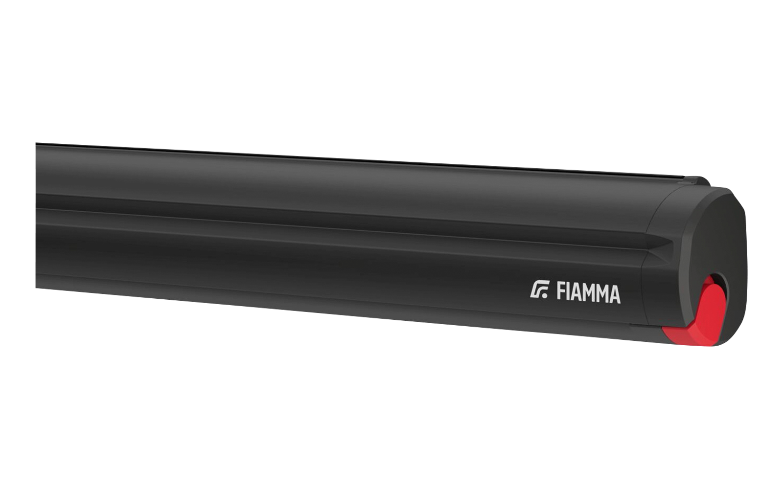 Black elongated rounded housing with white FIAMMA logo on the side and red end cap