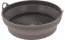 Ronde grijze opvouwbare siliconen schaal met een spiraalvormige inzet met sleuven en een klein lusje