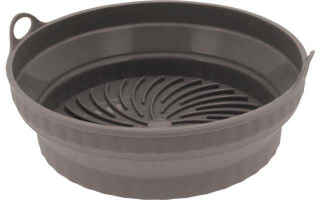 Contenitore rotondo pieghevole grigio in silicone con inserto a spirale con fessure e piccolo anello di presa