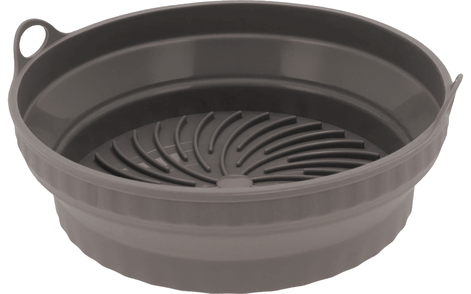 Contenitore rotondo pieghevole grigio in silicone con inserto a spirale con fessure e piccolo anello di presa