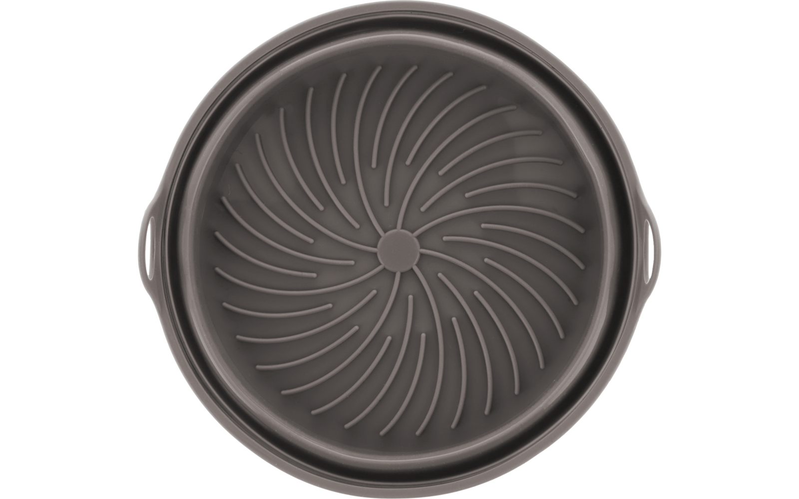 Vista dall'alto di un oggetto rotondo scuro con scanalature a spirale sulla superficie interna e due piccole maniglie laterali
